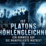 Platons Höhlengleichnis – gefesselte Menschen betrachten Schatten in einer Höhle, während ein Mensch den Weg ins Licht erkennt.