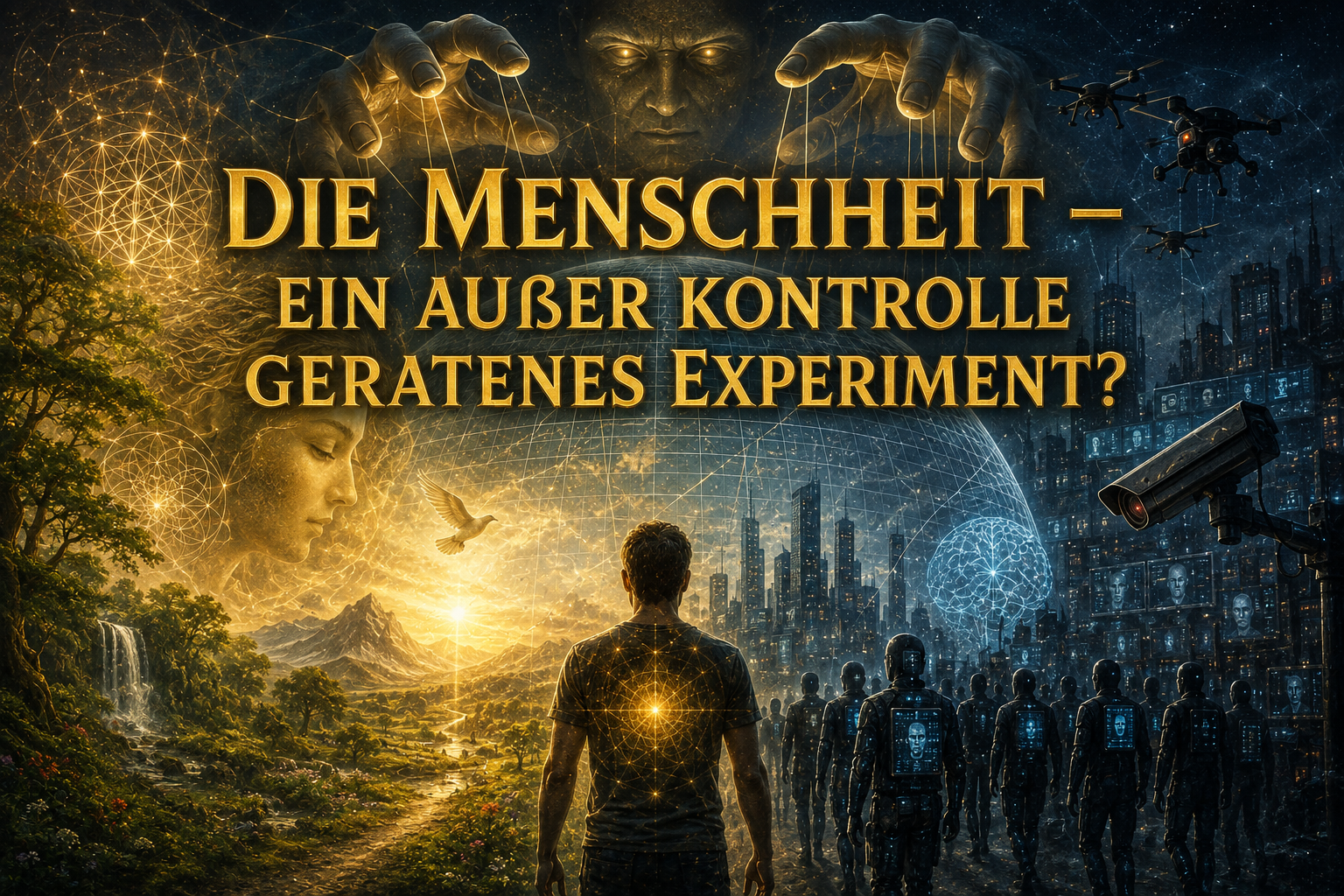 Die Menschheit – ein außer Kontrolle geratenes Experiment? Symbolbild einer simulierten Welt zwischen Natur, Bewusstsein und digitaler Kontrolle.