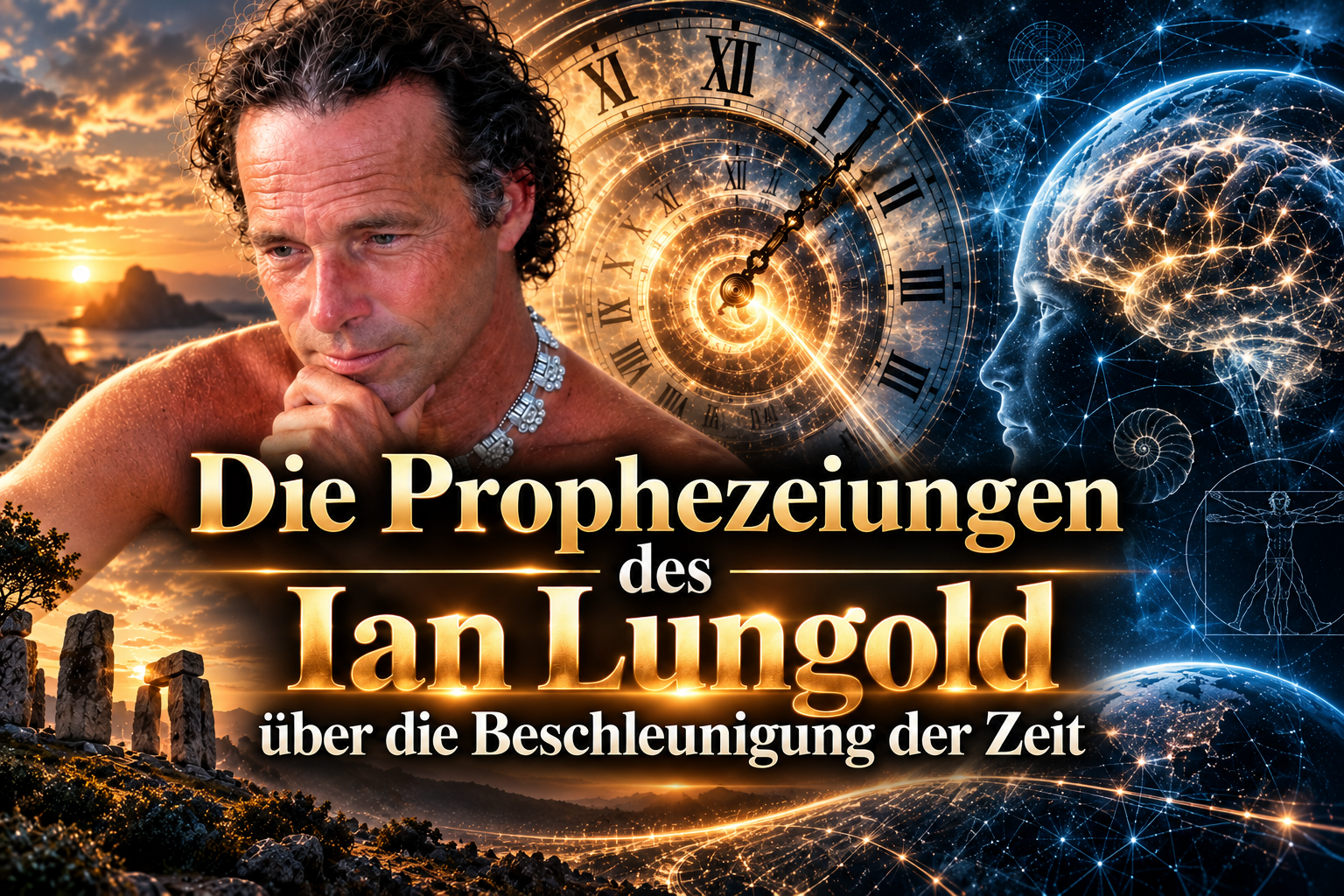 Ian Lungold vor einem symbolischen Ziffernblatt und einem leuchtenden menschlichen Gehirn – Darstellung seiner Prophezeiungen über die Beschleunigung der Zeit